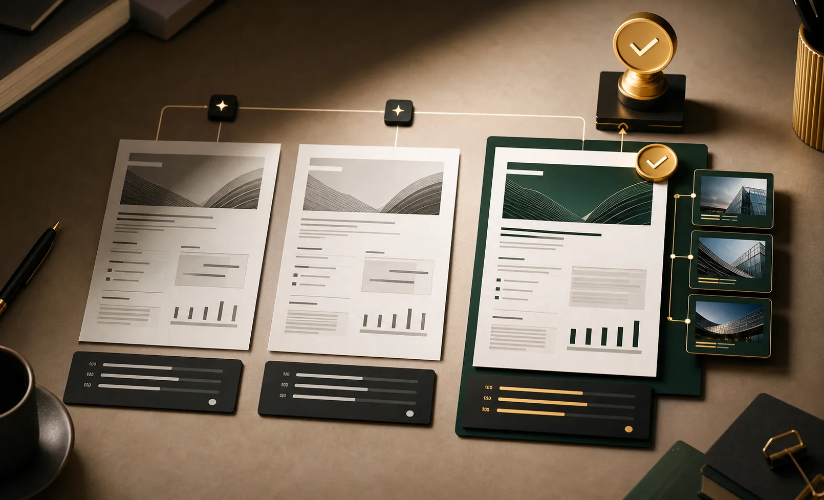 Illustration of multiple proposal drafts with one winning draft selected