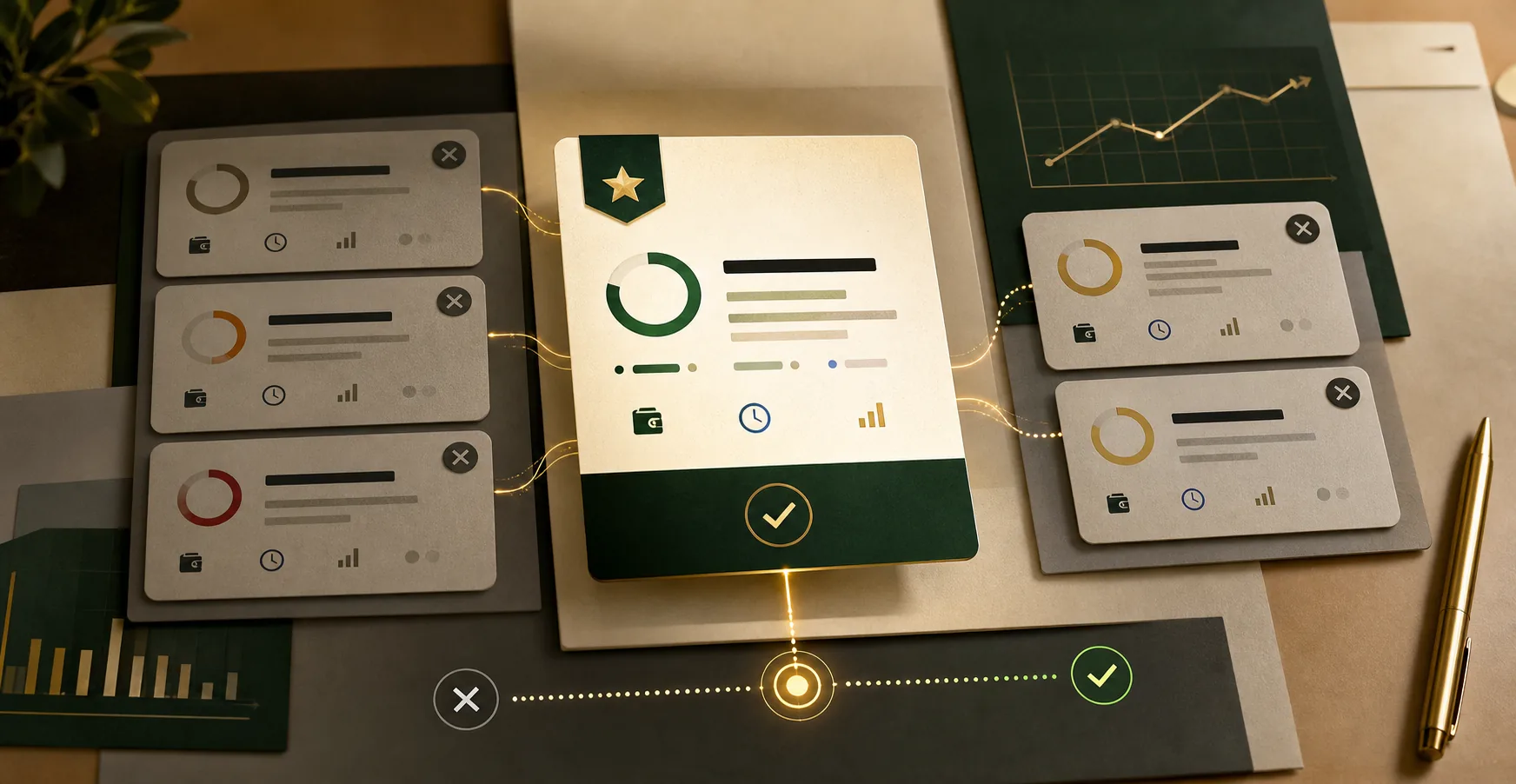 Illustration of Upwork job cards with one good job selected