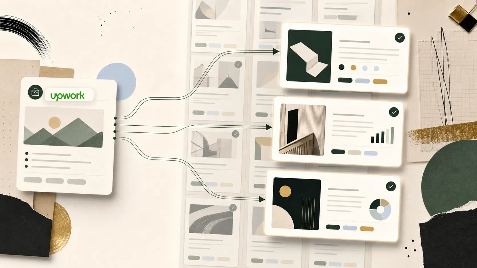 Illustration of an Upwork job card being matched to past work